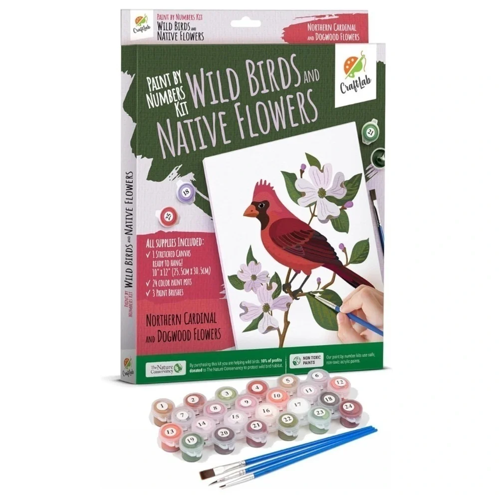 NIB CraftLab Paint by Numbers Kit Northern Cardinal & Dogwood Flowers DIY Canvas